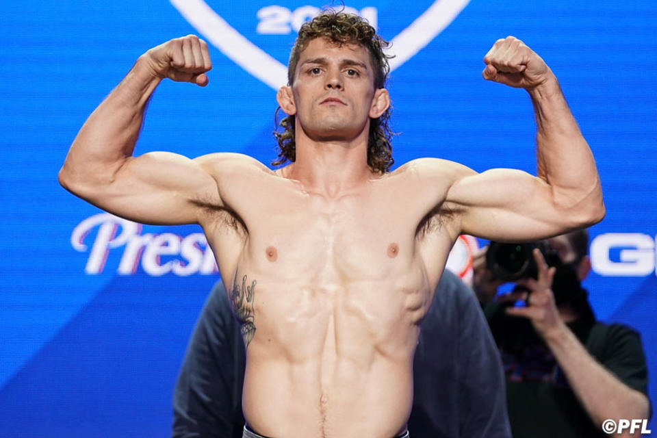 ATLANTIC CITY, NJ – JUNE 09: Tyler Diamond steps onto the scale during the PFL 4 weigh-ins at Ocean Casino Resort on June 9, in Atlantic City, New Jersey. (Photo by Cooper Neill)