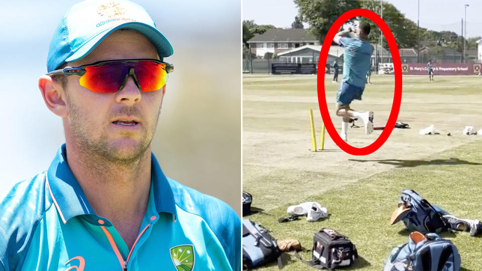 The right image shows Josh Hazlewood training in London with the Aussie Test cricket side. 