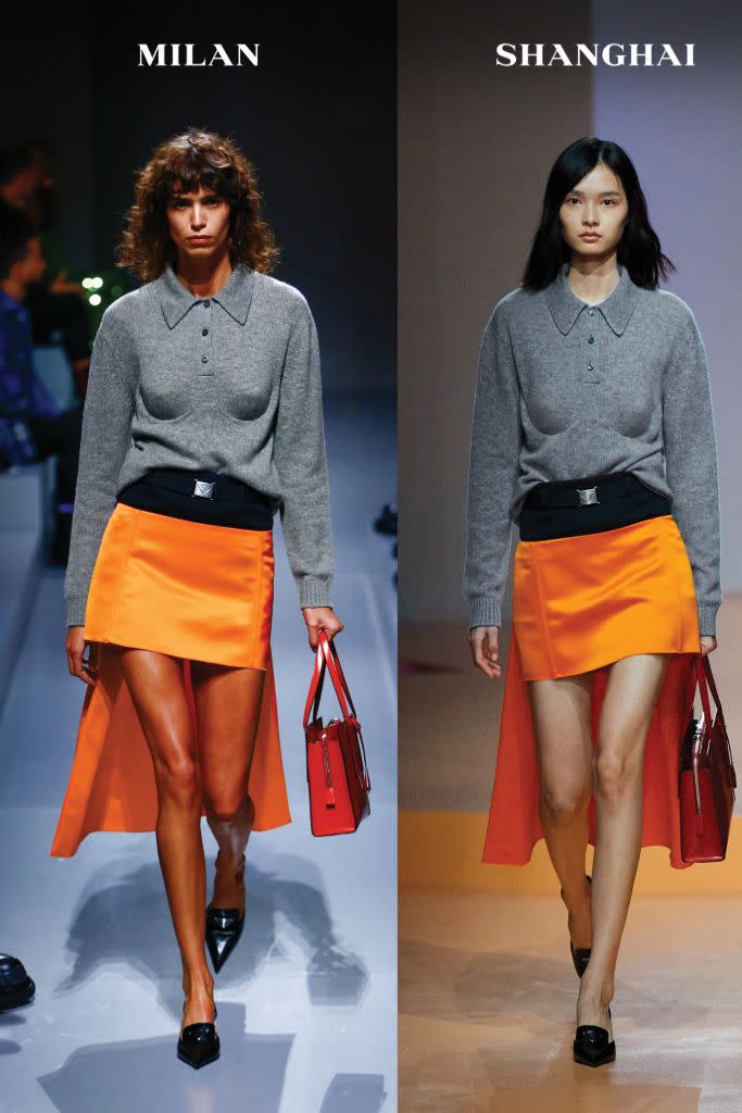 Miniskirts featured a longer train in the back for a new spin on the high-low hemline. - Credit: Courtesy of Prada