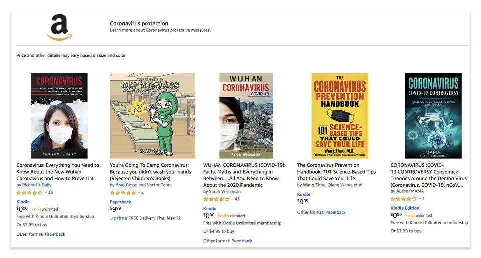 Some of the books on coronavirus that came up during a recent search. (Amazon.com screenshot)