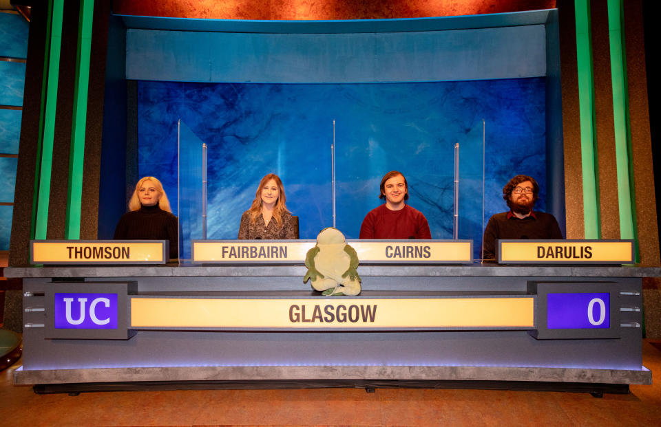 University Challenge's Glasgow team Erin Thomson, Nicola Fairbairn, Shaun Cairns, Darius Darulis. (BBC/Lifted Entertainment, Part of ITV Studios/Joseph Scanlon)