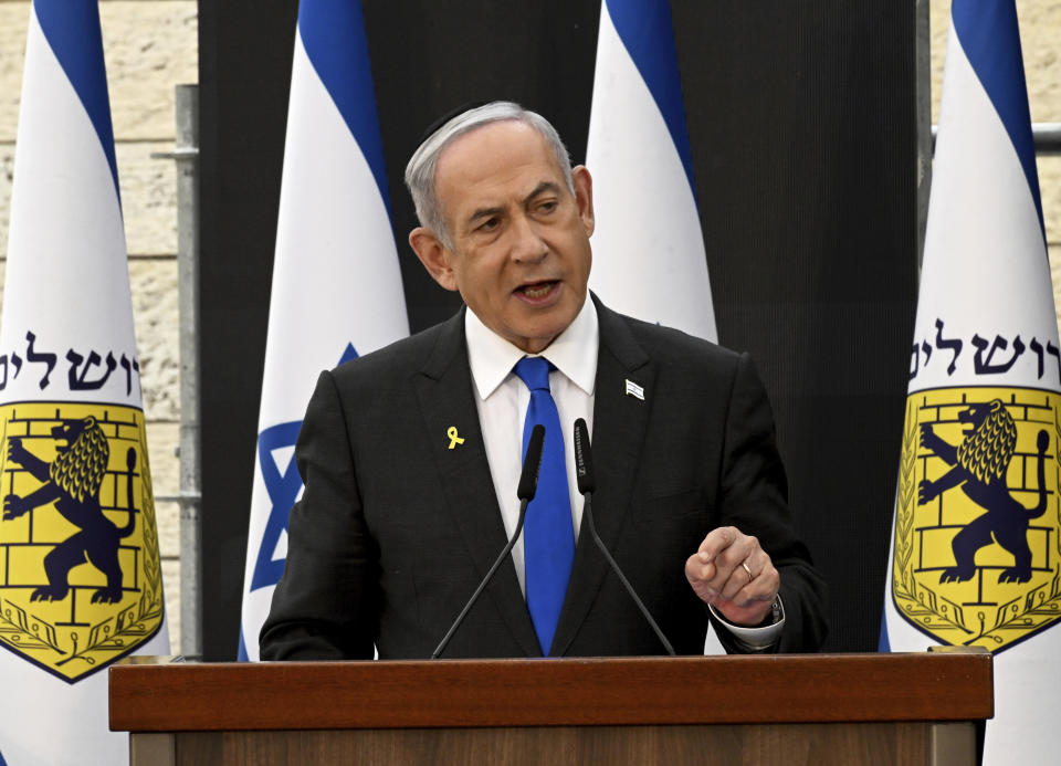 Israeli Prime Minister Benjamin Netanyahu speaks at a ceremony for the 'Remembrance Day for the Fallen of Israel's Wars and Victims of Terrorism' at Yad LeBanim in Jerusalem, Israel, Sunday, May 12, 2024. Israel will observe Memorial Day from sunset tonight until sunset May 13, when Independence Day begins.( Debbie Hill/Pool Photo via AP)
