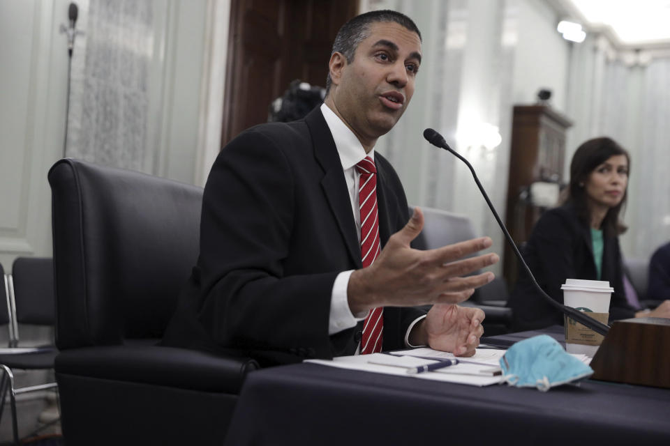 Federal Communications Commission Chairman Ajit Pai testifies during a Senate Commerce, Science, and Transportation committee hearing to examine the Federal Communications Commission on Capitol Hill in Washington, Wednesday, June 24, 2020. (Alex Wong/Pool via AP)