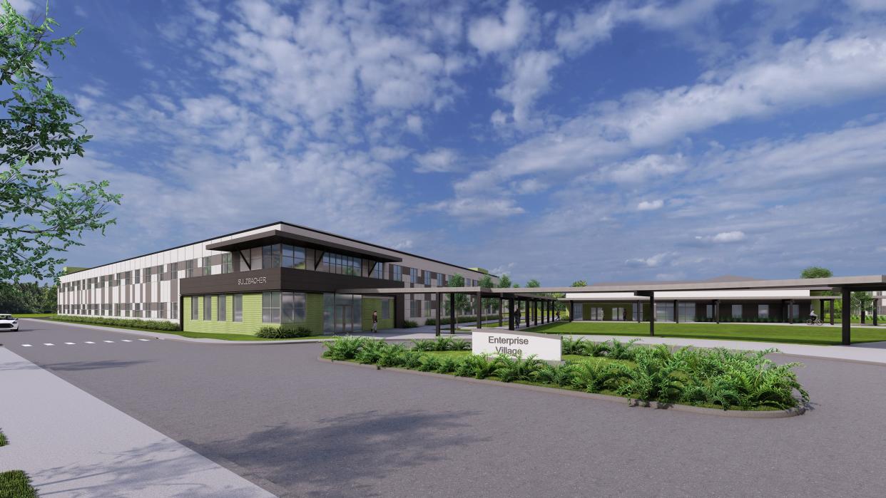 Sulzbacher Center for Homelessness announced Wednesday the next three phases in its new development, Enterprise Village. The rendering shows the front entrance for the new campus for Sulzbacher.