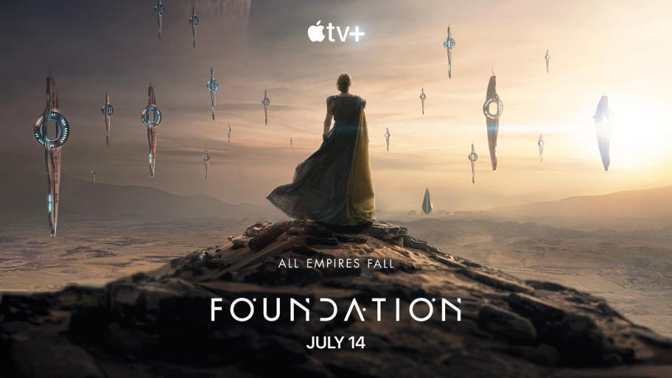 promotional art for 'foundation' season 2, showing a character in a dress on a mountaintop