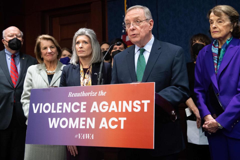 US Senator Dick Durbin (D-IL) (2nd R) speaks alongside (L-R) US Senator Patrick Leahy (D-VT), US Senator Shelley Moore Capito (R-WV), US Senator Joni Ernst (R-IA), and US Senator Dianne Feinstein (D-CA) as they announce a bipartisan modernized Violence Against Women Act (VAWA), during a press conference on Capitol Hill in Washington, DC, on February 9, 2022.