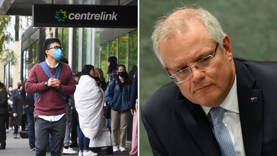 A long queue outside a Centrelink office on the left, and Scott Morrison in parliament on the right.