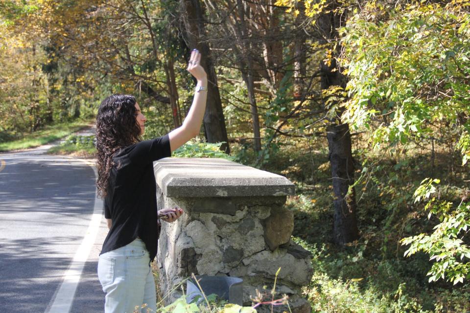 Tossing coins into Clinton Brook.