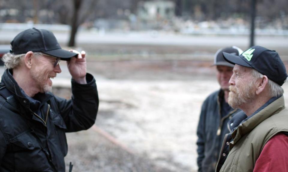 Ron Howard, left, with Steve “Woody” Culleton, a resident of Paradise, California, during the filming of Howard’s documentary, Rebuilding Paradise.