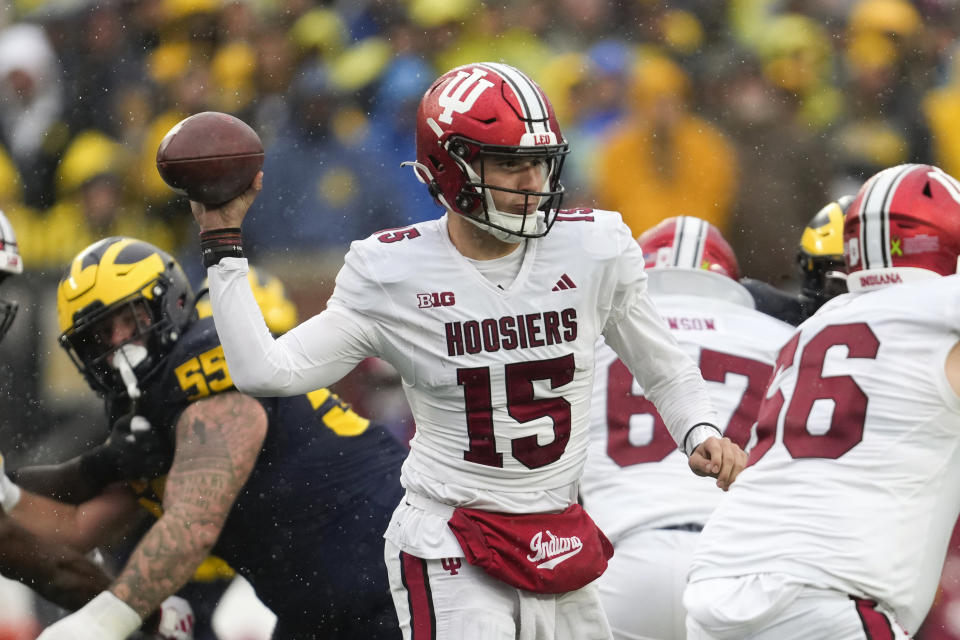 Indiana quarterback Brendan Sorsby (15) throws against Michigan in the second half of an NCAA college football game in Ann Arbor, Mich., Saturday, Oct. 14, 2023. (AP Photo/Paul Sancya)