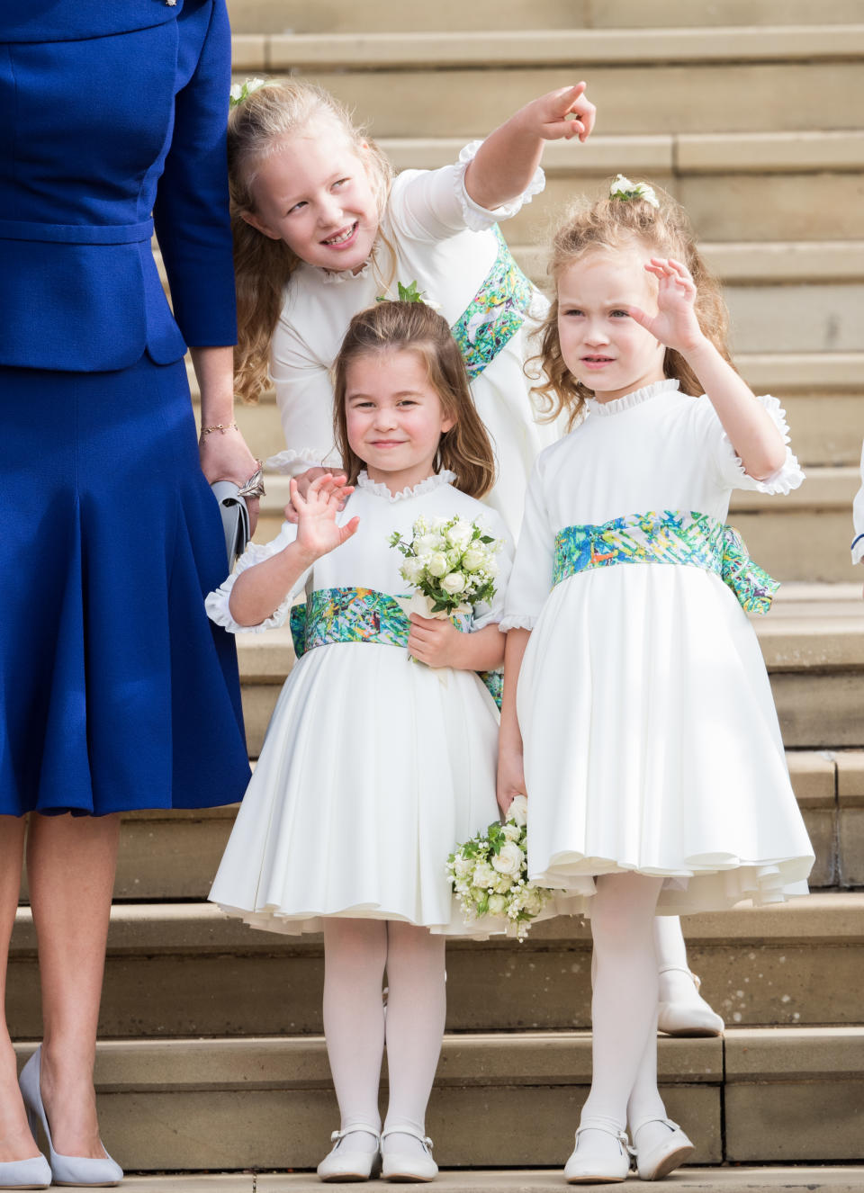 WINDSOR, ENGLAND - OCTOBER 12:  Bridesmaids Princess Charlotte of Cambridge, Savannah Phillips and Maud Windsor after the wedding of Princess Eugenie of York and Jack Brooksbank at St. George's Chapel on October 12, 2018 in Windsor, England.  (Photo by Pool/Samir Hussein/WireImage)