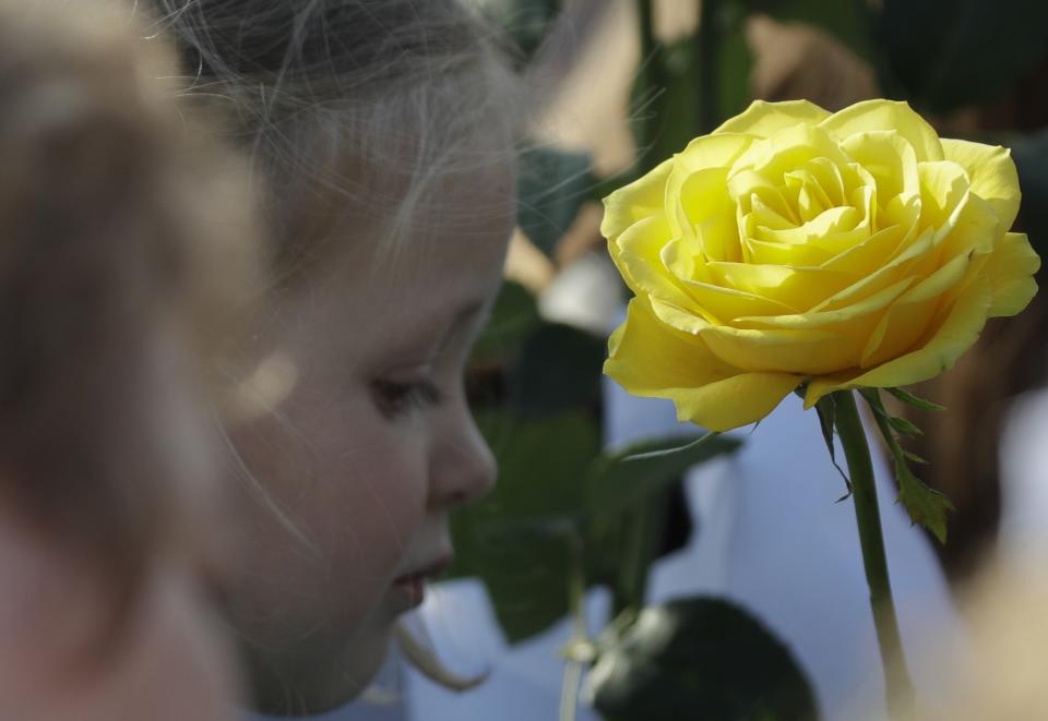 A child holds a rose as she waits for Pope Francis to arrive for a meeting with young people and families, in Iasi, Romania, Saturday, June 1, 2019. Francis began a three-day pilgrimage to Romania on Friday that in many ways is completing the 1999 trip by St. John Paul II that marked the first-ever papal visit to a majority Orthodox country. (AP Photo/Andrew Medichini)