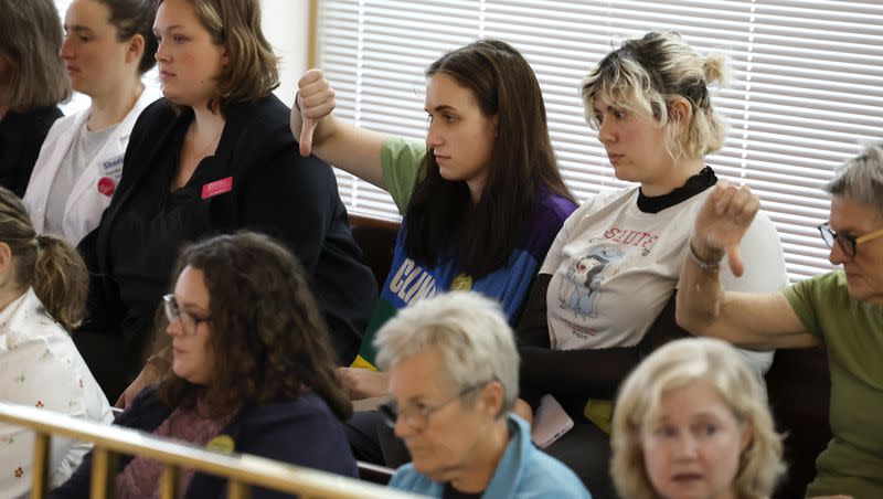 Spectators in the gallery react as senators speak in favor of SB20, the “Care for Women, Children, and Families Act,” at the North Carolina Legislature in Raleigh, N.C., Thursday, May 4, 2023.