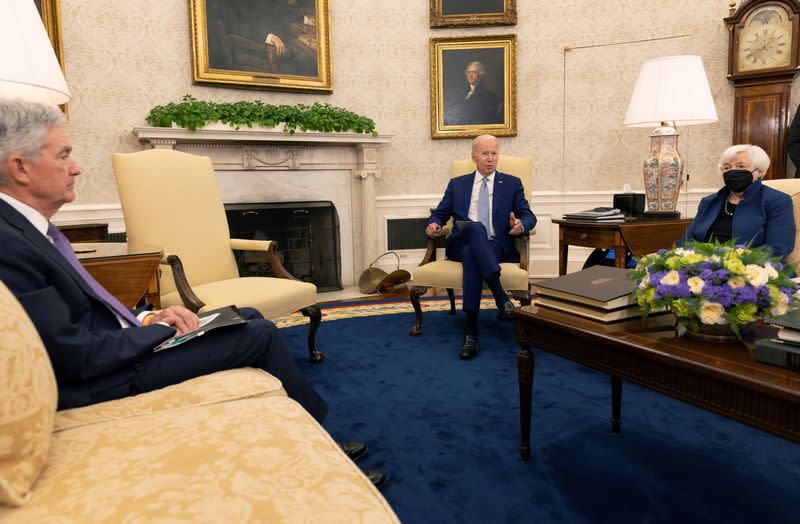 FILE PHOTO: U.S. President Biden meets with Fed Chair Powell and Treasury Secretary Yellen