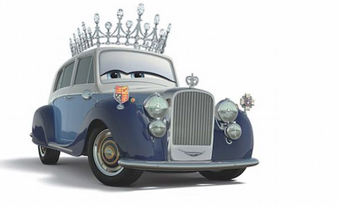 <b>'Cars 2' </b><br> Como era de esperar, el personaje de la Reina Isabel II también ha sido animado en cine y televisión. Sin ir más lejos, Pixar le dio un pequeño papel en 'Cars 2' con esta versión automovilista de la monarca: un Rolls Royce.