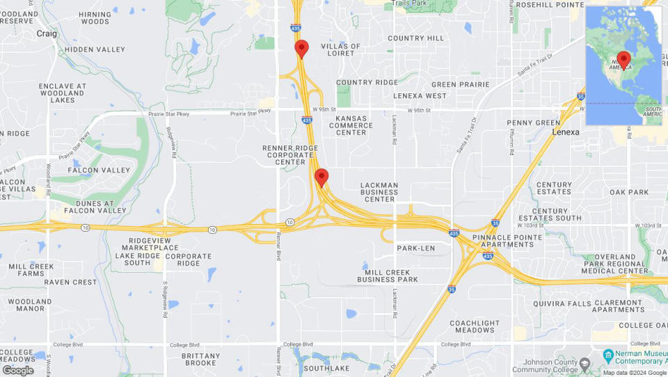 A detailed map that shows the affected road due to 'Heavy rain prompts traffic warning on northbound I-435 in Lenexa' on May 31st at 4:40 p.m.