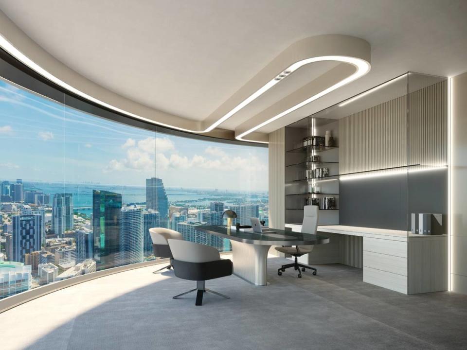 Una representación artística muestra una oficina con vistas al downtown de Miami en la nueva torre 830 Brickell, diseñada por Adrian Smith + Gordon Gill Architecture de Chicago.