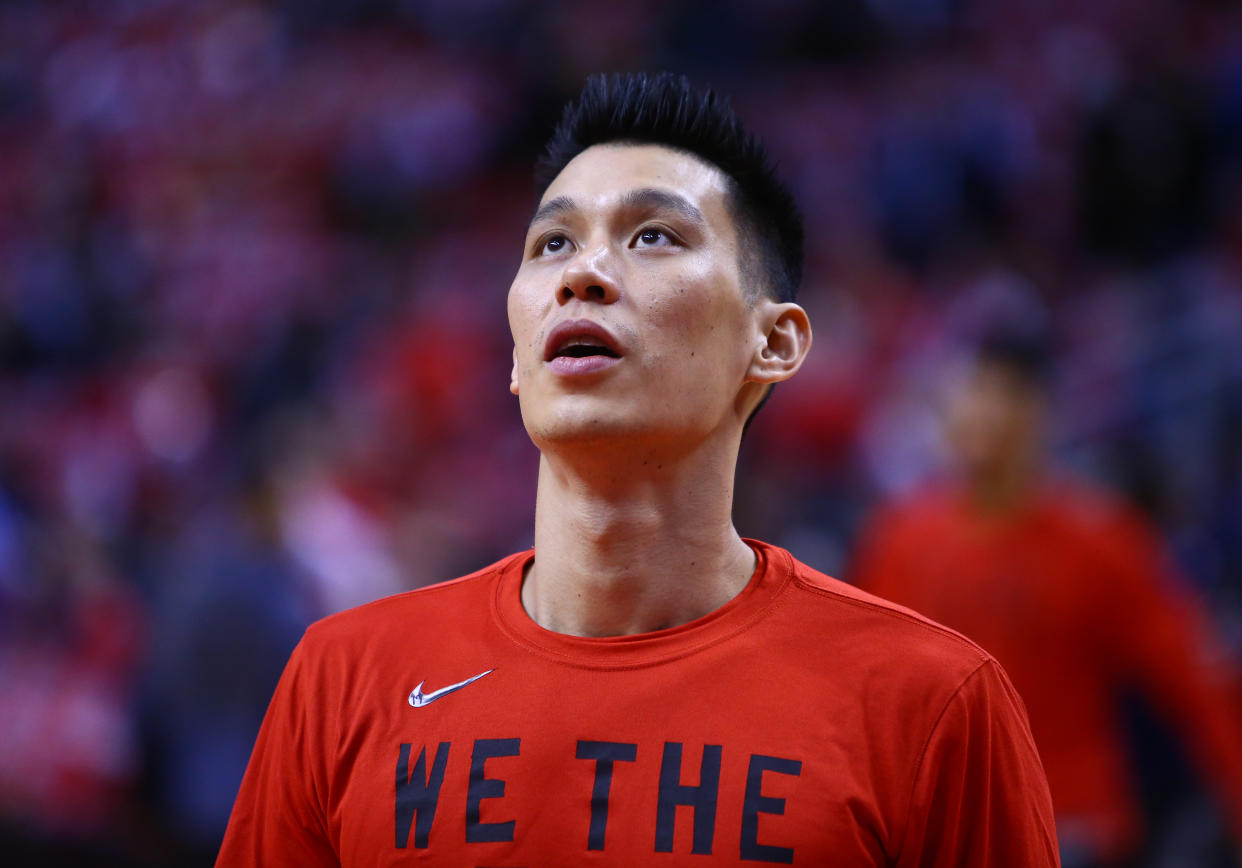 TORONTO, ON - APRIL 23:  Jeremy Lin #17 of the Toronto Raptors looks on during warm up, prior to Game Five of the first round of the 2019 NBA Playoffs against the Orlando Magic at Scotiabank Arena on April 23, 2019 in Toronto, Canada.  NOTE TO USER: User expressly acknowledges and agrees that, by downloading and or using this photograph, User is consenting to the terms and conditions of the Getty Images License Agreement.  (Photo by Vaughn Ridley/Getty Images)