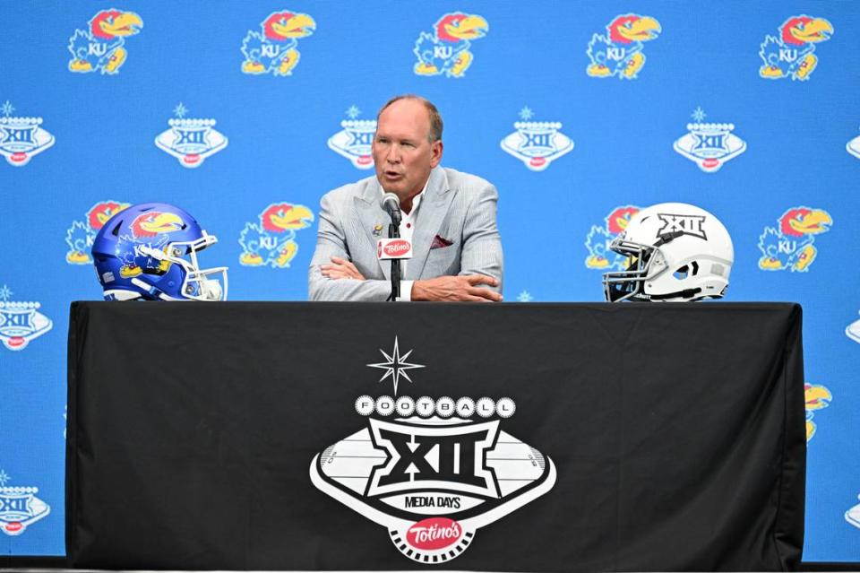 Kansas Jayhawks football coach Lance Leipold speaks to the media during Wednesday’s Big 12 Media Days session at Allegiant Stadium in Las Vegas.