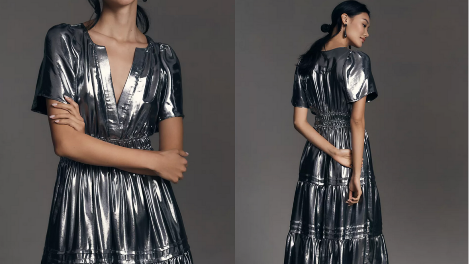 anthropologie, split screen of model wearing metallic anthropologie somerset maxi dress, Shop Anthropologie's The Somerset Maxi Dress: Metallic Edition ahead of the holiday season (photos via Anthropologie).