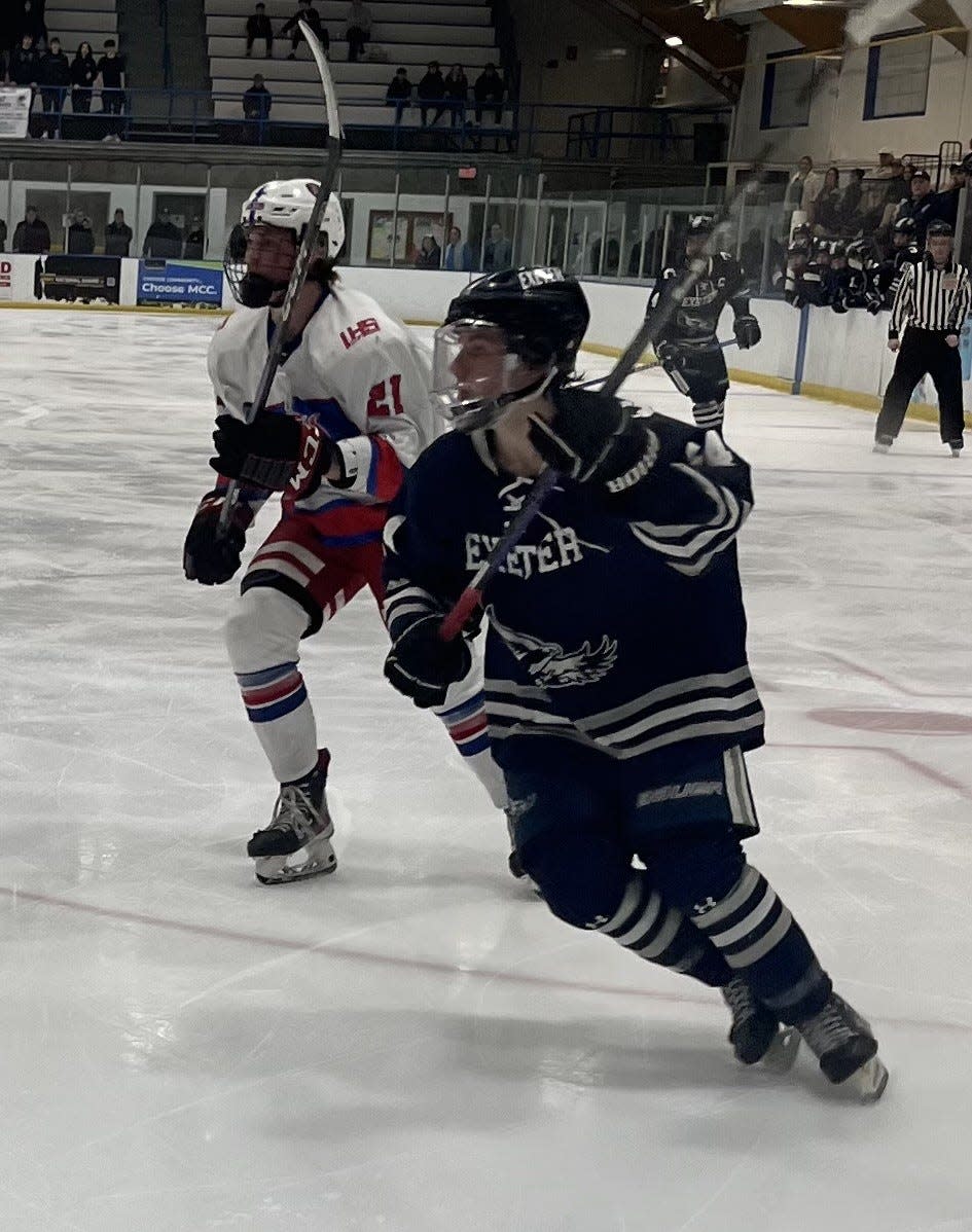 Exeter High School's West Vaillant looking for an opening during Wednesday night's Division I semifinal loss to Londonderry.