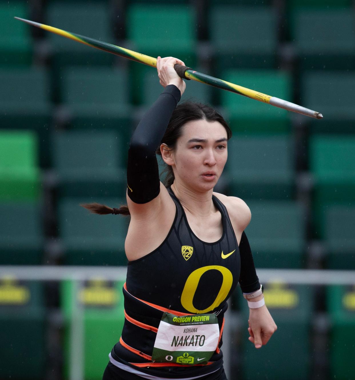 Oregon’s Kohana Nakato wins the women javelin throw at the Oregon Preview track and field meet at Hayward Field Friday, March 22, 2024 in Eugene, Oregon.