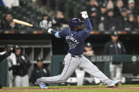 Tampa Bay Rays' Randy Arozarena strikes out with the bases loaded on a throw from Chicago White Sox pitcher Michael Kopech in the eighth inning of a baseball game Friday, April 26, 2024, in Chicago. (AP Photo/Charles Rex Arbogast)