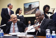 FILE - Supreme Court Associate Justices Stephen Breyer, left, and Clarence Thomas preside to testify on Capitol Hill in Washington, April 23, 2009, before the House Financial Services and General Government subcommittee hearing on the court's Fiscal Year 2010 appropriations. Breyer is retiring, giving President Joe Biden an opening he has pledged to fill by naming the first Black woman to the high court, two sources told The Associated Press Wednesday, Jan. 26, 2022. (AP Photo/Manuel Balce Ceneta, File)