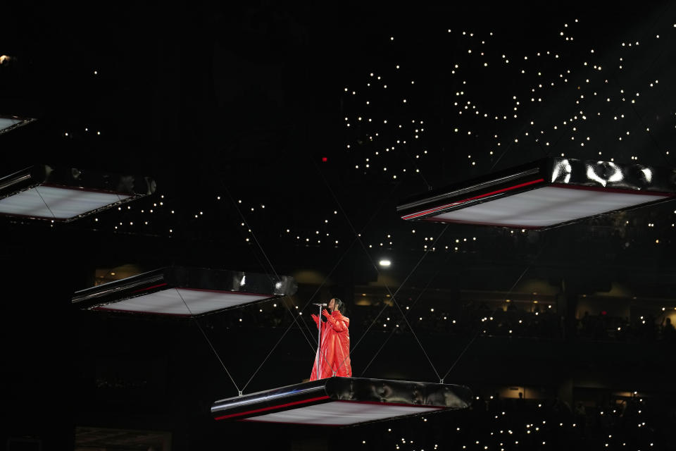 Rihanna performs during the halftime show at the NFL Super Bowl 57 football game between the Kansas City Chiefs and the Philadelphia Eagles, Sunday, Feb. 12, 2023, in Glendale, Ariz. (AP Photo/Godofredo A. Vasquez)