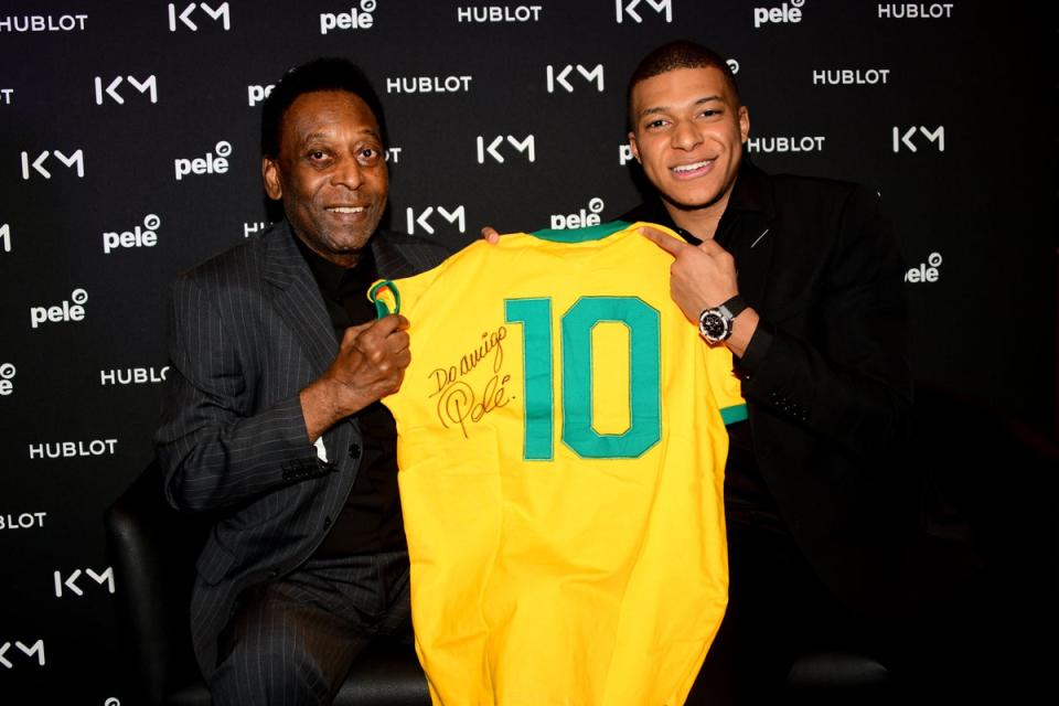 Pele and Kylian Mbappe meeting at Hotel Lutetia on April 02, 2019 in Paris, France. (Getty Images For Hublot)