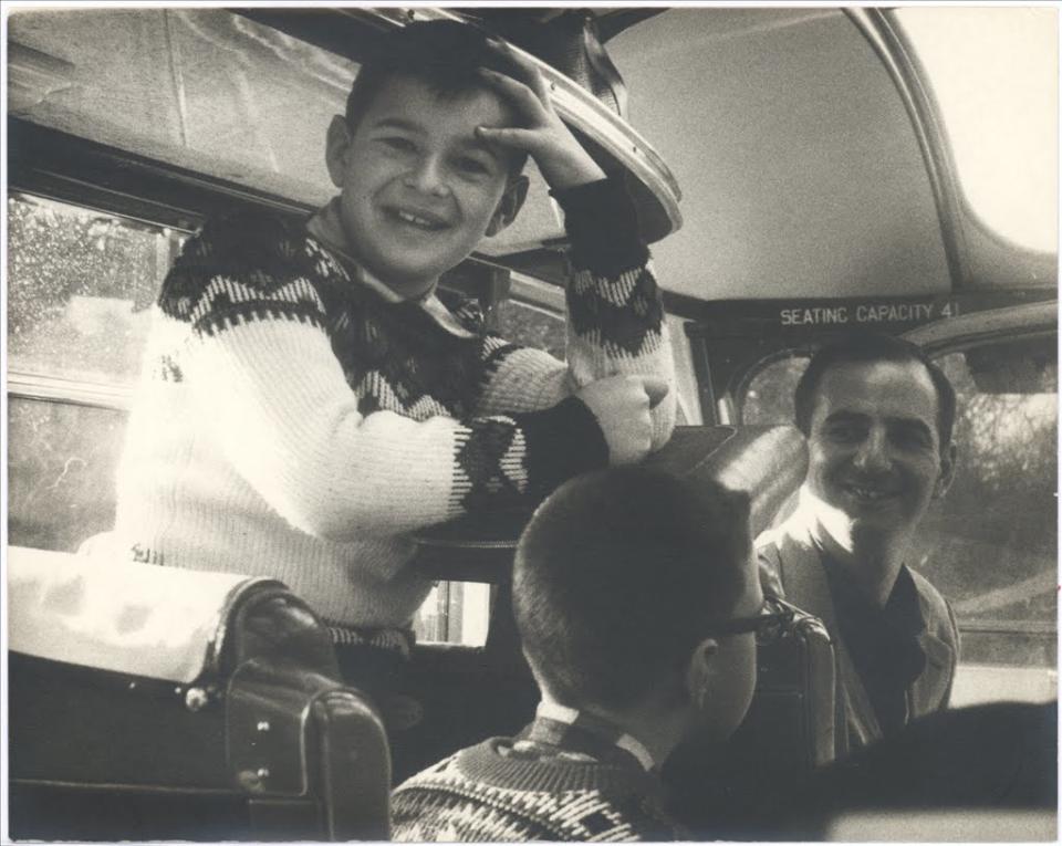 Darius Brubeck, left, as a young boy on his father Dave Brubeck's 1958 tour. He is accompanied by his brother Mike and jazz promoter Ronnie Scott