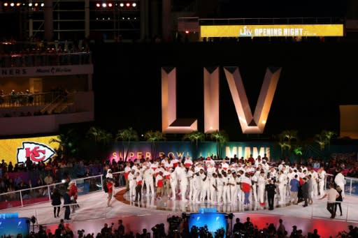 Both the Chiefs (pictured) and San Francisco 49ers teams were presented before thousands of journalists and fans in the now circus-like "opening night" event that formally kicks off Super Bowl week