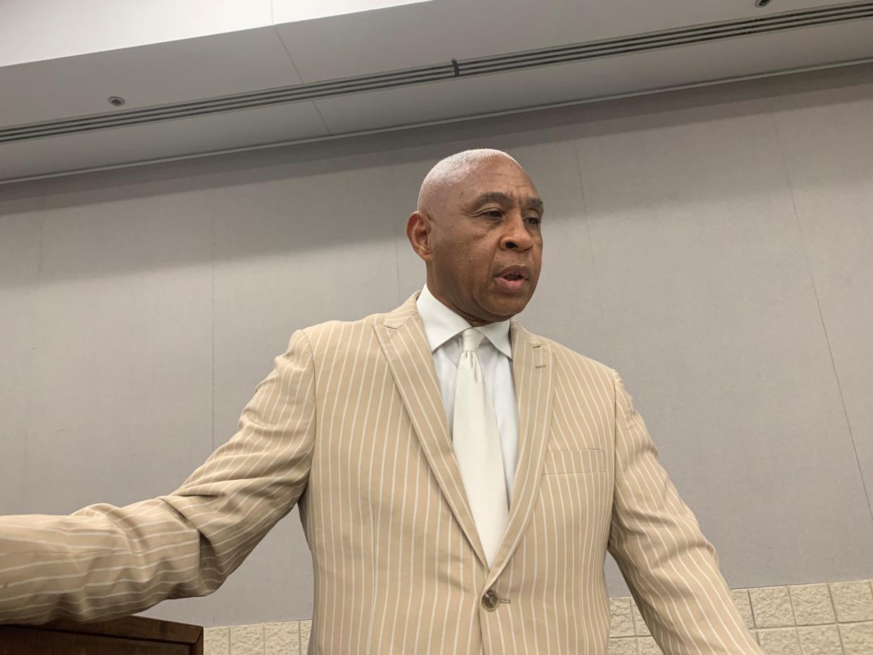 Randy Kelley, the chair of the Alabama Democratic Party, speaks to reporters on Aug. 13, 2022.