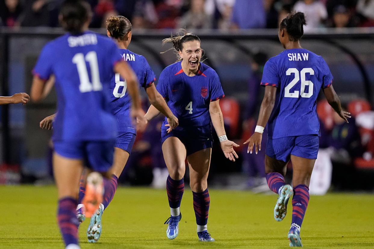 FRISCO, TEXAS - DECEMBER 05: Sam Coffey #4 of United States celebrates with Trinity Rodman #8 and Jaedyn Shaw #26 after scoring a goal during the second half against China at Toyota Stadium on December 05, 2023 in Frisco, Texas. (Photo by Sam Hodde/Getty Images)