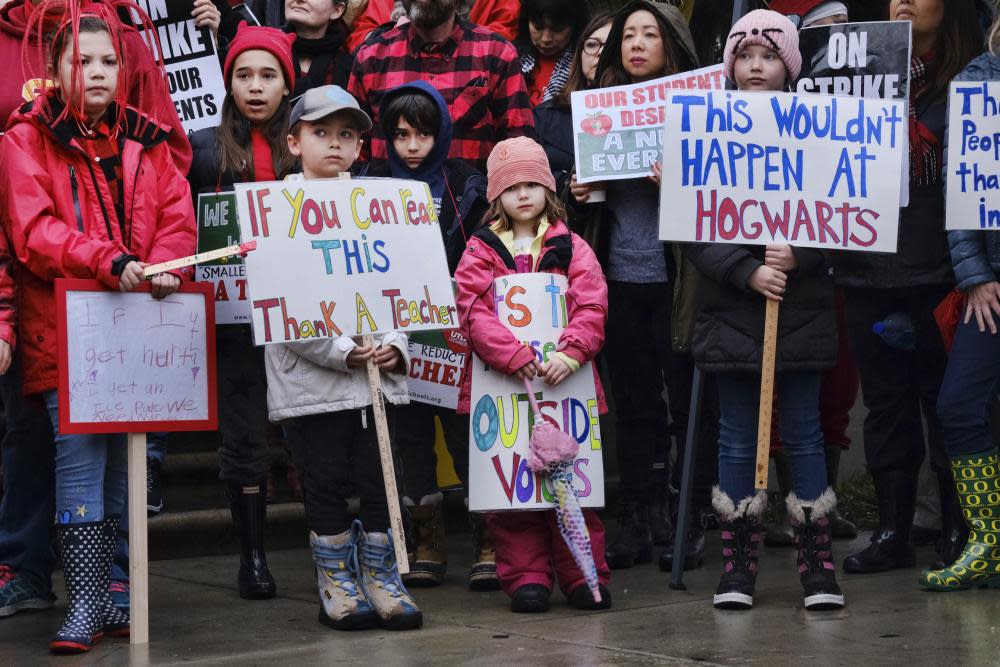 Elementary students stand in support of a teachers’ strike in Los Angeles this week. 