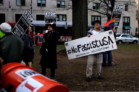 Anti-Trump demonstrators organized by RefuseFascism.org stage a protest at McPherson Square in Washington January 18, 2017. REUTERS/James Lawler Duggan