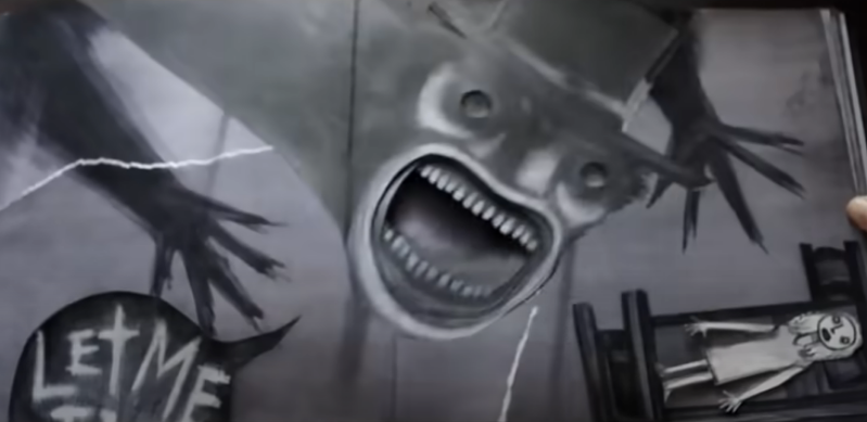 The Babadook's pop-up book says "Let me in!"