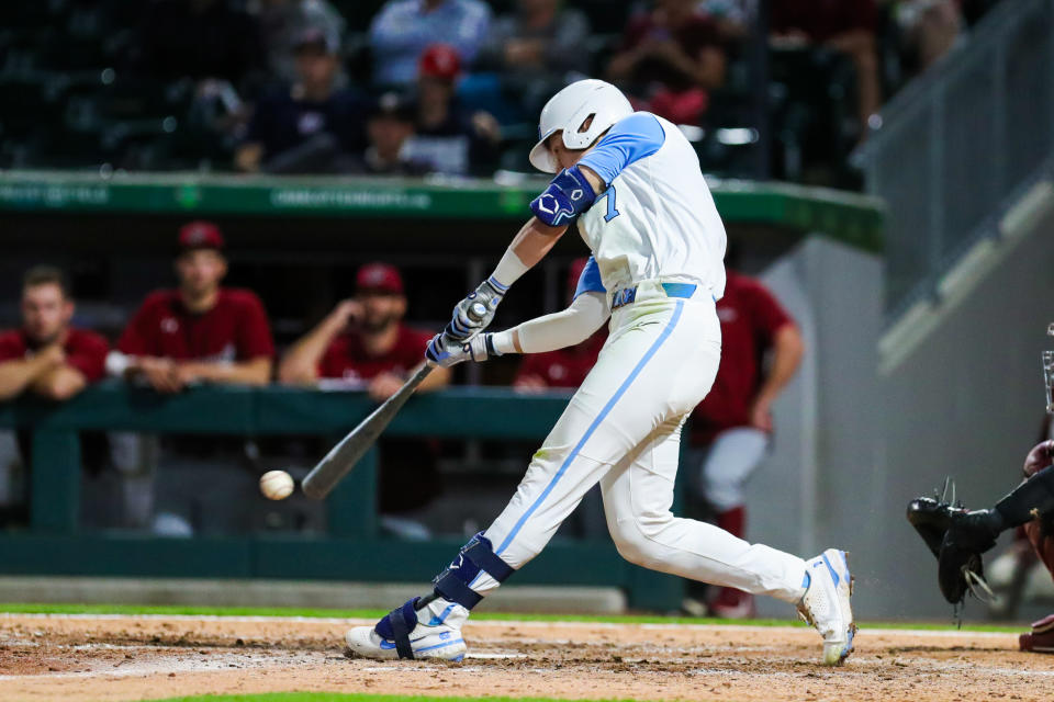 CHARLOTTE, NC - APRIL 06: Vance Honeycutt (7) of the North Carolina Tar Heels swings at a pitch during a baseball game between the North Carolina Tar Heels and the South Carolina Gamecocks on April 6, 2022 at Truist Field in Charlotte, NC. (Photo by David Jensen/Icon Sportswire via Getty Images)