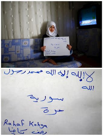 A combination picture shows Syrian refugee Rahaf Kahya, 13, as she holds a paper with writing in Arabic that reads: "There is no god only Allah and Muhammad is the messenger of Allah. Free Syria" in Nizip refugee camp in Gaziantep province, Turkey, December 13, 2015 (top) and her message (bottom) December 16, 2015. REUTERS/Umit Bektas