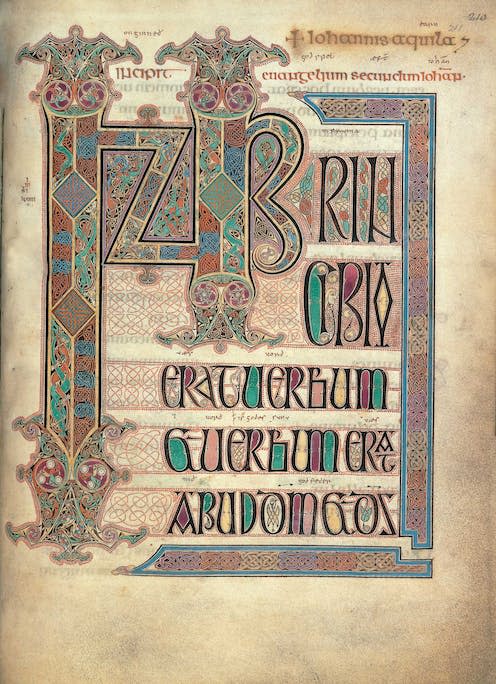 <span class="caption">A detail of the _incipit_ page with the first words of the Gospel of John: _In principio erat Verbum_, "in the beginning was the Word". </span> <span class="attribution"><a class="link " href="https://www.bl.uk/collection-items/lindisfarne-gospels" rel="nofollow noopener" target="_blank" data-ylk="slk:The British Library;elm:context_link;itc:0;sec:content-canvas">The British Library</a></span>