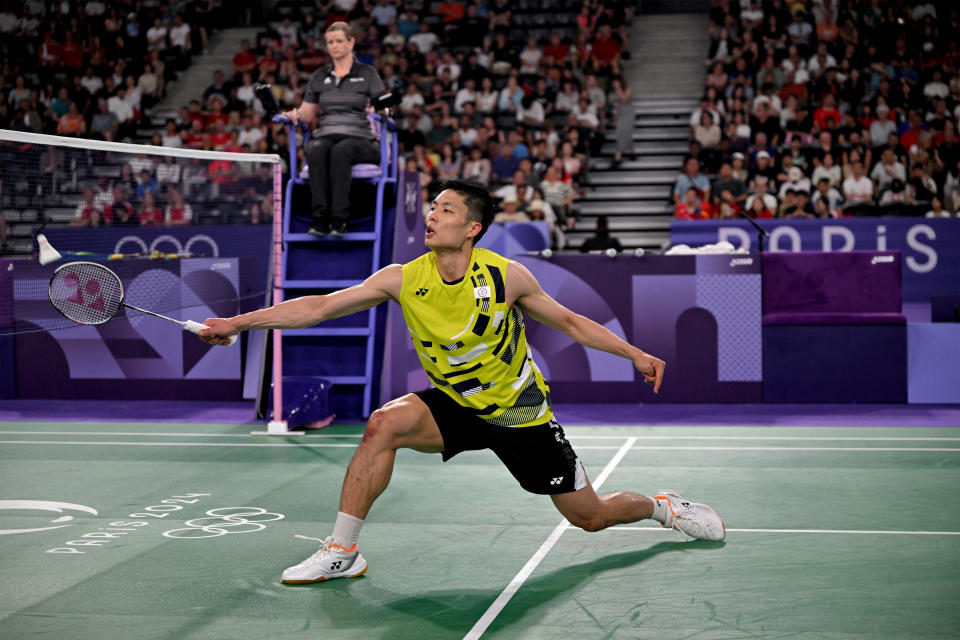 Taiwan's Chou Tien-chen plays a shot to India's Lakshya Sen in their men's singles badminton quarter-final match during the Paris 2024 Olympic Games at Porte de la Chapelle Arena in Paris on August 2, 2024. (Photo by ARUN SANKAR / AFP) (Photo by ARUN SANKAR/AFP via Getty Images)