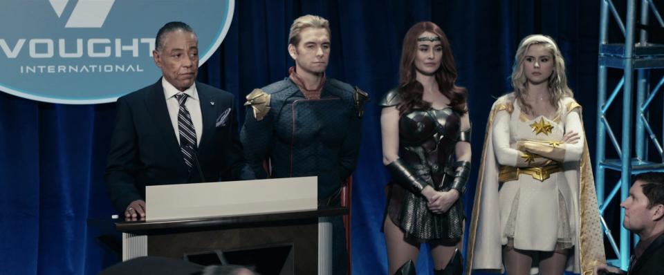Stan Edgar, Homelander, Queen Maeve, and Starlight in the season two finale of "The Boys."