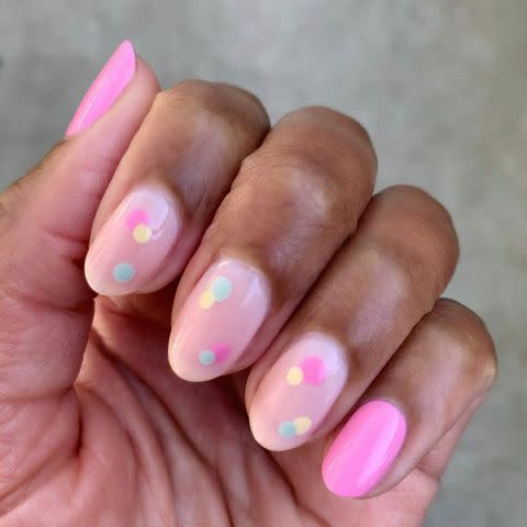 <p>Teeny, colorful dots make any manicure resemble <a href="https://www.amazon.com/Brachs-Fiesta-Malted-Milk-Pastel/dp/B08311D9Y2?tag=syn-yahoo-20&ascsubtag=%5Bartid%7C10055.g.988%5Bsrc%7Cyahoo-us" rel="nofollow noopener" target="_blank" data-ylk="slk:malted milk eggs;elm:context_link;itc:0;sec:content-canvas" class="link ">malted milk eggs </a>(everyone's Easter favorite!). Use a nail dotting tool to achieve this fun design. </p><p><a class="link " href="https://www.amazon.com/JSDOIN-Dotting-Tool-Paint-Manicure/dp/B07GBS9WLX/?tag=syn-yahoo-20&ascsubtag=%5Bartid%7C10055.g.988%5Bsrc%7Cyahoo-us" rel="nofollow noopener" target="_blank" data-ylk="slk:SHOP NAIL DOTTING TOOL;elm:context_link;itc:0;sec:content-canvas">SHOP NAIL DOTTING TOOL</a></p><p><a href="https://www.instagram.com/p/CLK9AvYMxOt/&hidecaption=true" rel="nofollow noopener" target="_blank" data-ylk="slk:See the original post on Instagram;elm:context_link;itc:0;sec:content-canvas" class="link ">See the original post on Instagram</a></p>