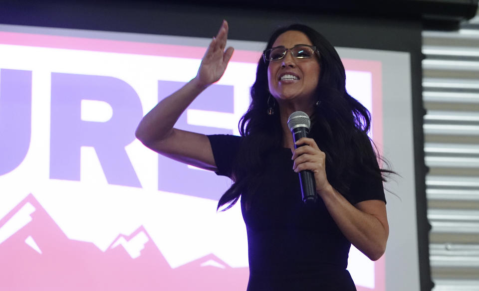 U.S. Rep. Lauren Boebert, R-Colo., Lauren Boebert speaks to supporters during a primary election watch party, Tuesday, June 25, 2024, in Windsor, Colo. (AP Photo/David Zalubowski)