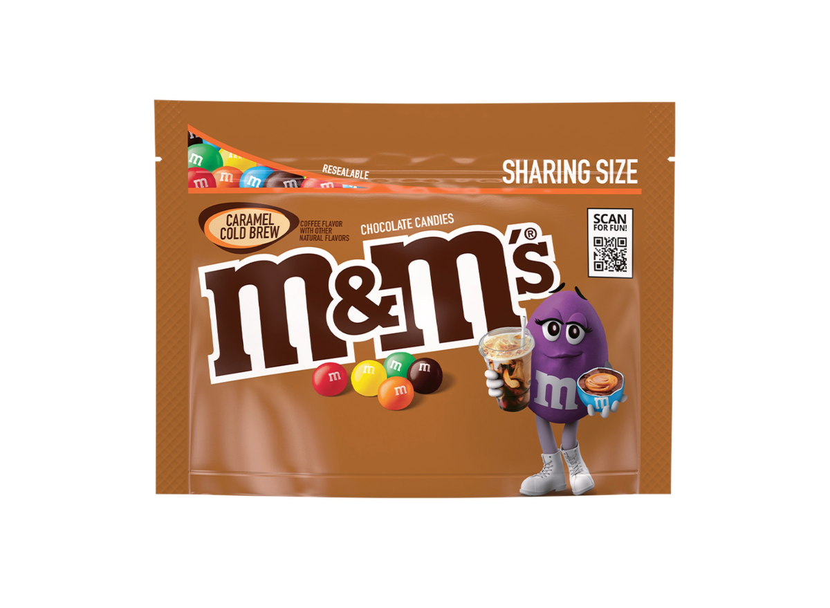 a bag of caramel cold brew m & m's on a white background.