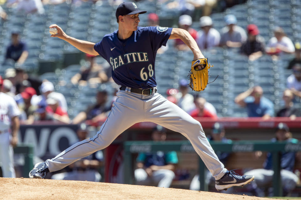 Seattle Mariners starting pitcher George Kirby throws to a Los Angeles Angels batter during the first inning of a baseball game in Anaheim, Calif., Wednesday, Aug. 17, 2022. (AP Photo/Alex Gallardo)