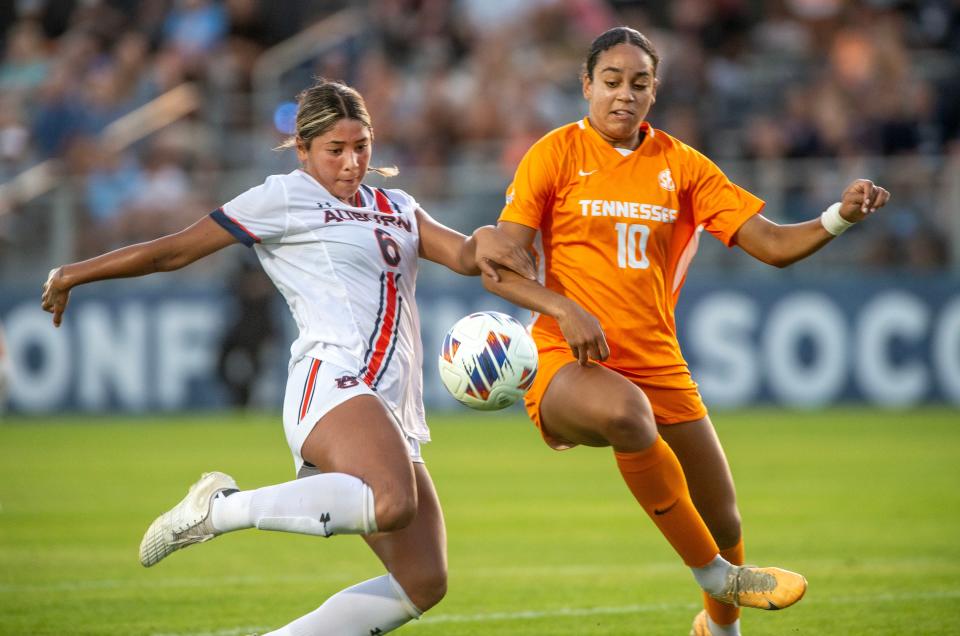 Auburn's Becky Contreras (6) and Tennessee's Sheridan Michel battle for the ball during the 2023 SEC Soccer Tournament at Ashton Brosnaham Soccer Complex Sunday, October 29, 2023. Auburn beat Tennessee 2-1.