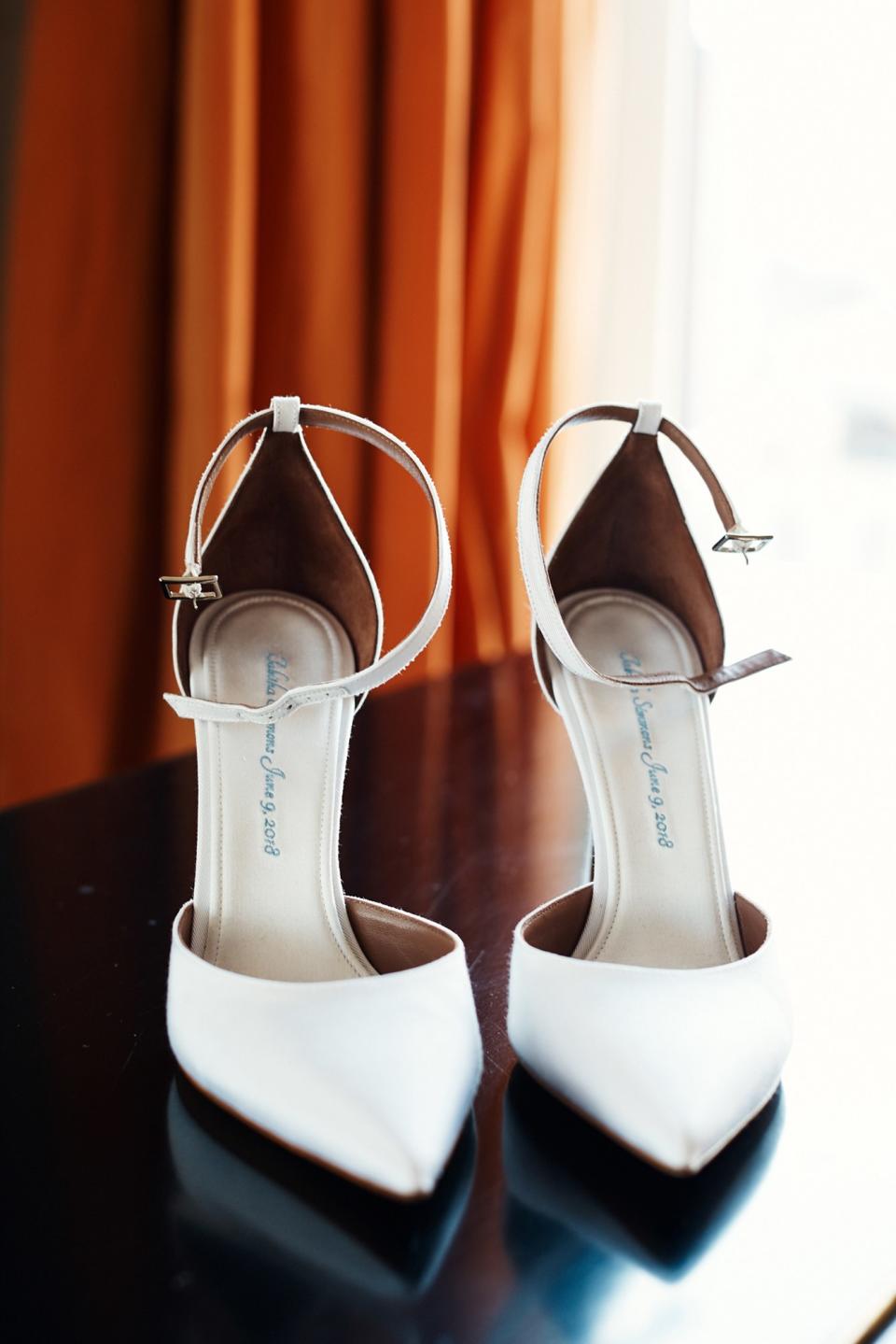I wore my favorite Alhambra shoes, from my bridal collection. I had my name and the date of my wedding embroidered in the sole as my “something blue.” I have been doing this for my friends for years and we recently started offering the custom bridal shoes on our website.