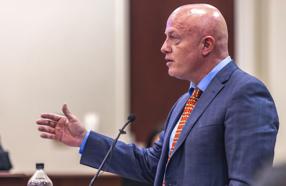 Defense attorney Jason Bowles delivers closing arguments during the trial for Hannah Gutierrez-Reed, the former armorer at the movie "Rust", at district court on Wednesday, March 6, 2024, in Santa Fe, N.M. (Luis Sánchez Saturno/Santa Fe New Mexican via AP, Pool)