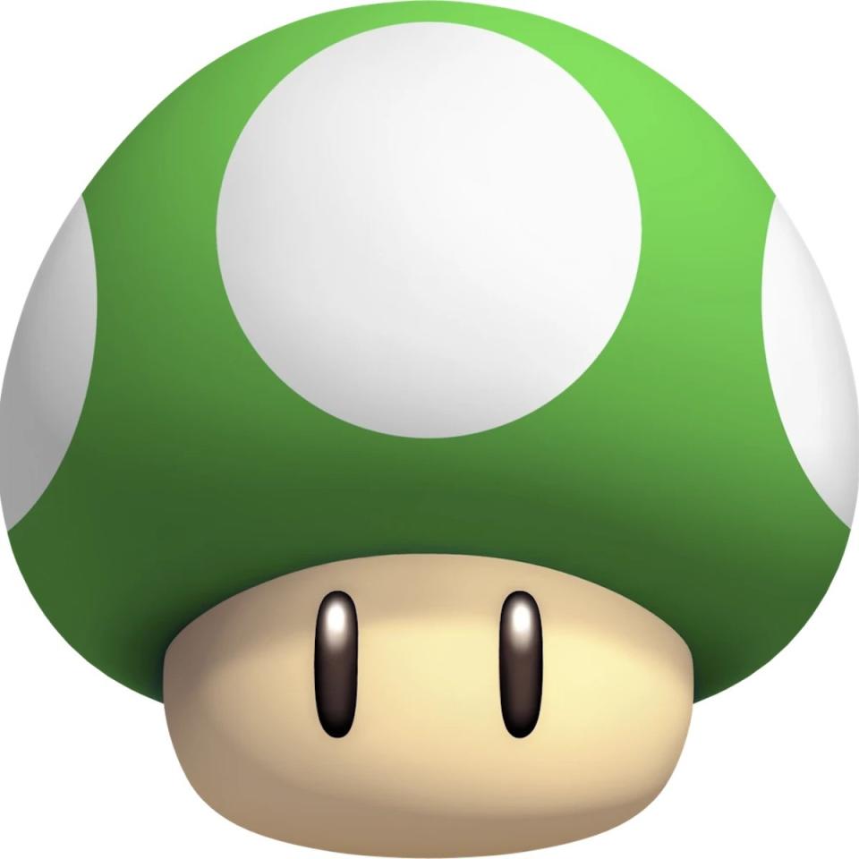 A green and white 1-up mushroom from Super Mario Bros.